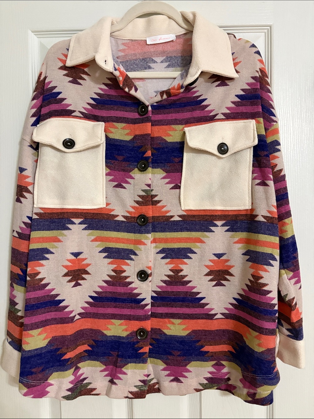 Ces Femme Beige Aztec-Inspired Utility Shacket with Multicolor Accents